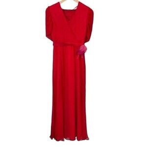 Vera Wang Lavender Label Silk Long Maxi Dress Gown Flowy Short Sleeve V-Neck
